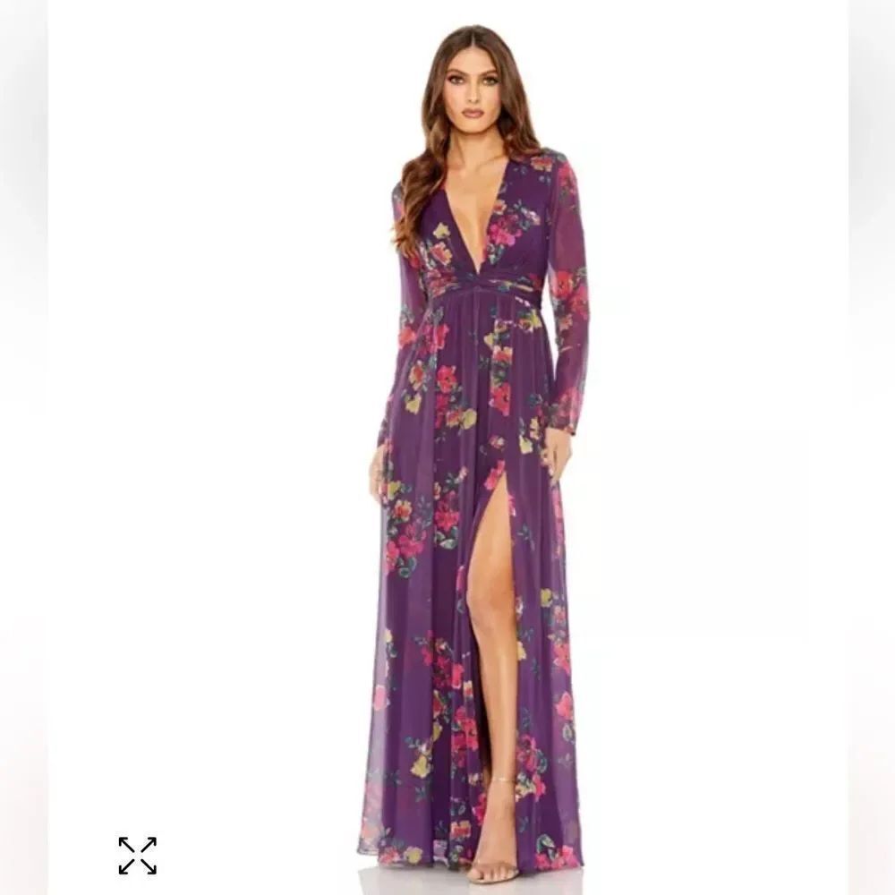 Mac Duggal 68558 Long Sleeve Ruched Top Deep V Gown